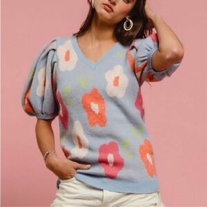 Bibi Floral Puff Sleeve Sweater - Blue Pink Cream Peach.  NWT